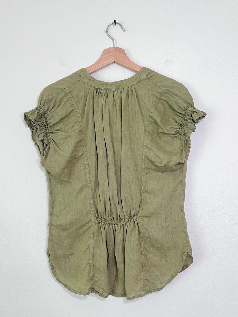 Anthropologie Olive Green Short Sleeve Split-Neck Blouse - Picture 7 of 10